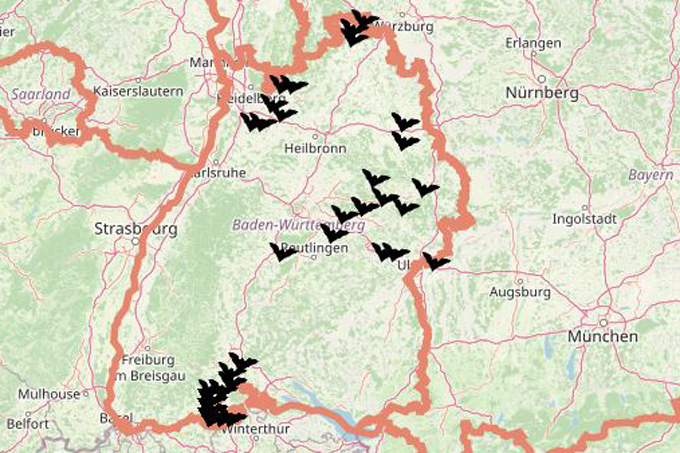 Die „MopsMap“ zeigt alle Mopsfledermaus-Nachweise in Baden-Württemberg. - © OpenStreetMap 